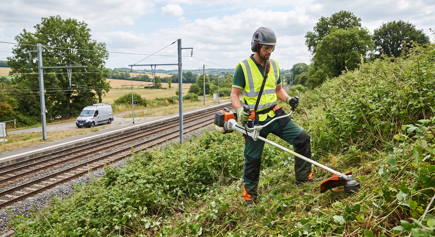 Paysagiste en équipement de sécurité complet (casque, gilet haute visibilité, jambières) débroussaillant un talus escarpé densément végétalisé qui surplombe une voie ferrée ferrée. Les rails sont visibles en arrière-plan. Débroussailleuse thermique en action, travaux d'entretien de sécurité auprès d'une infrastructure ferroviaire.
