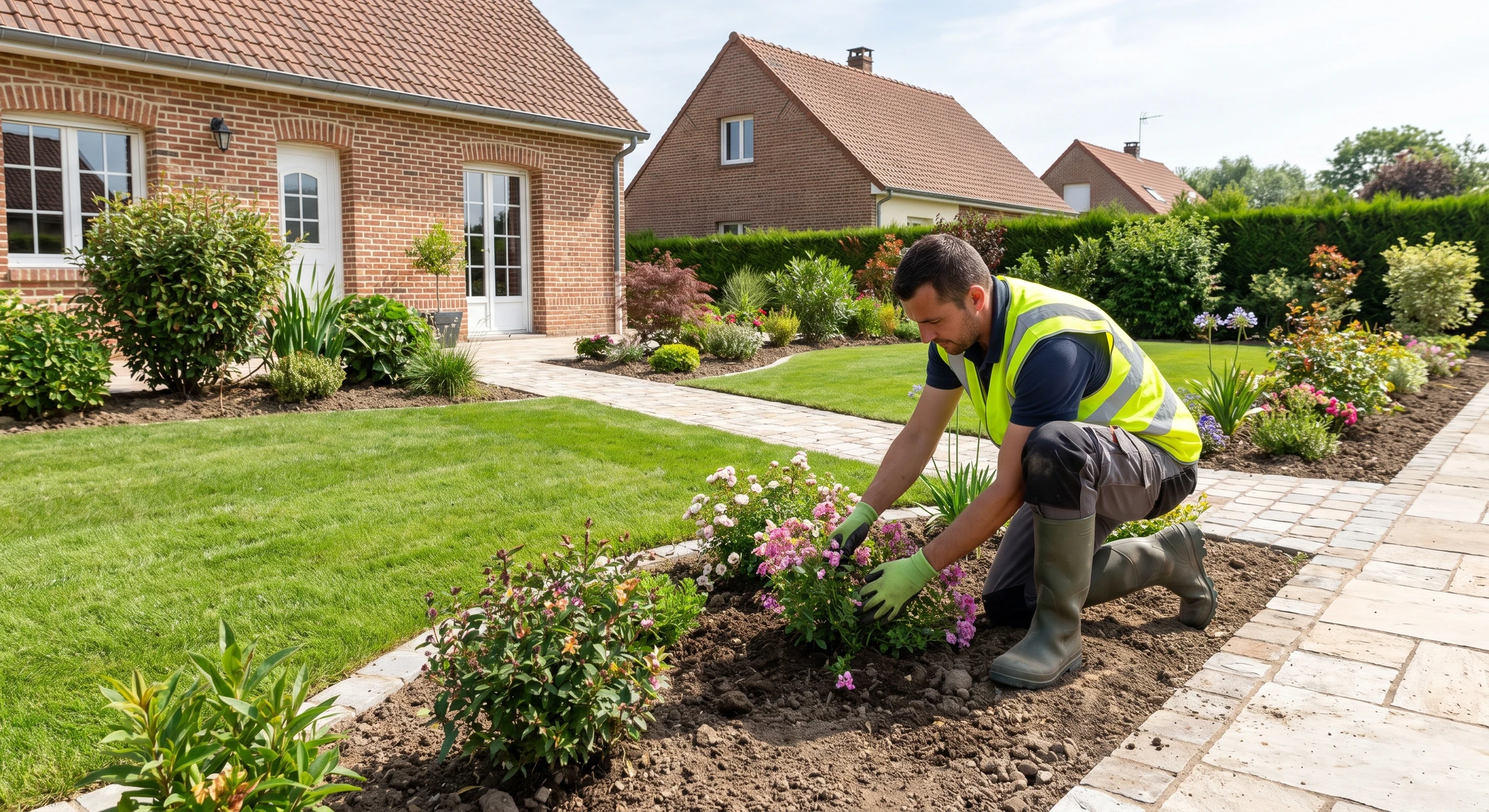 Paysagiste créant un nouvel aménagement paysager complet : jardin résidentiel avant rénovation montrant un terrain préparé, avec professionnel en action plantant des arbustes et fleurs, aménagement contemporain avec pelouse tondue fraîchement, massifs de plantes colorées, allée en pavés ou dalles, haies en arrière-plan. Mise en valeur du projet paysager terminé ou en cours de finalisation.