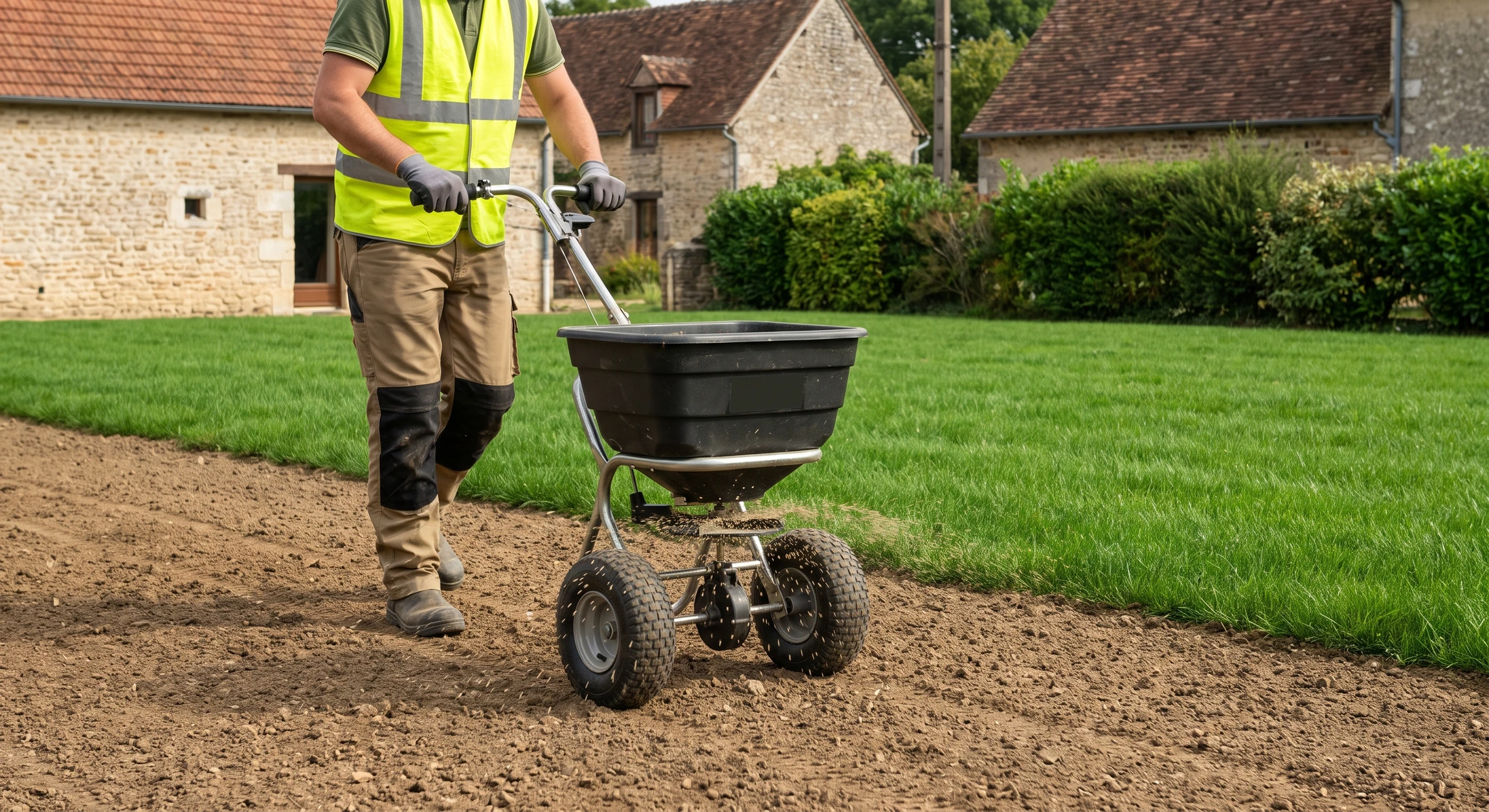Professionnel paysagiste utilisant une épandeuse-semoir tractée pour appliquer les graines de gazon sur un terrain nivelé et dégagé, préalablement préparé. Matériel mécanique en action, terrain herbé à l'arrière-plan.