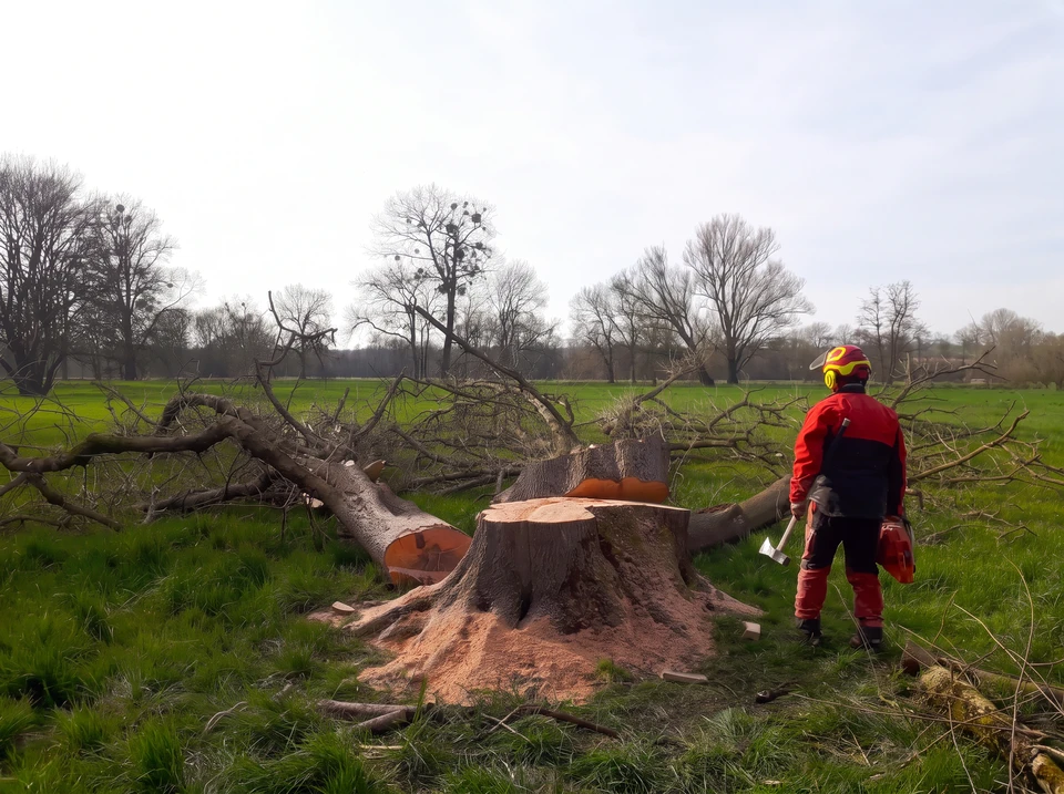 Scène extérieure forestière avec professionnel en tenue de sécurité orange haute visibilité effectuant abattage d'arbre à la tronçonneuse