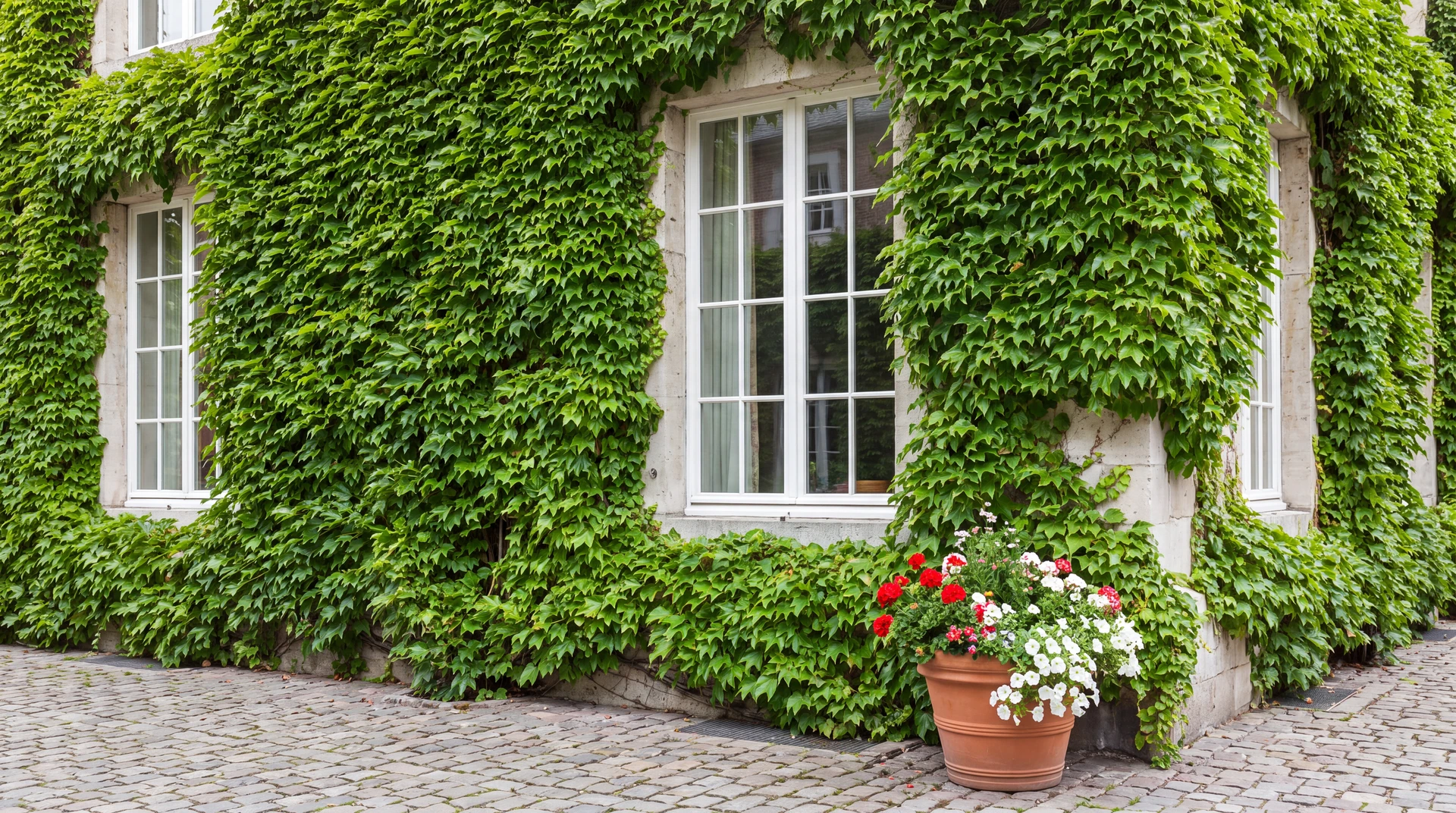 Mur végétal extérieur dense composé de multiples espèces de plantes grimpantes et rampantes