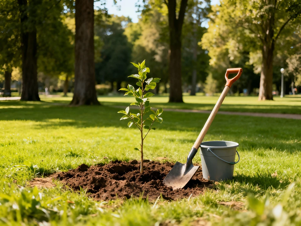Paysagiste en tenue professionnelle plantant un jeune arbre dans un trou préparé au sol, dans un espace vert aménagé. Le sujet central montre l'arbre en cours de plantation, avec les racines visibles avant la mise en terre, une bêche posée à proximité, et le professionnel effectuant le geste de plantation. Contexte d'un parc ou d'un projet d'aménagement paysager en milieu semi-urbain.