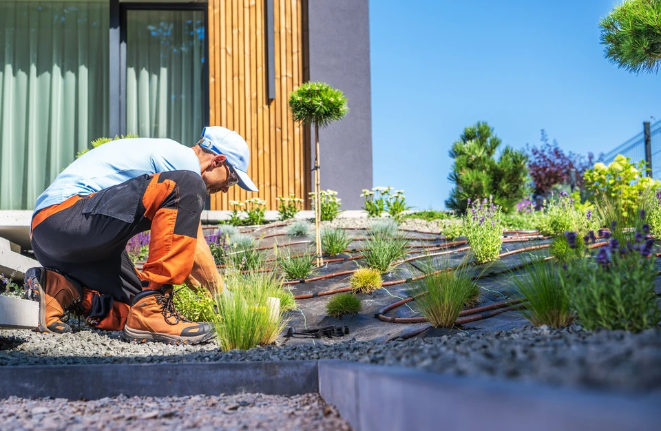 Chantier extérieur avec opérateur conduisant une mini-pelle en activité de terrassement près d'une construction en bois